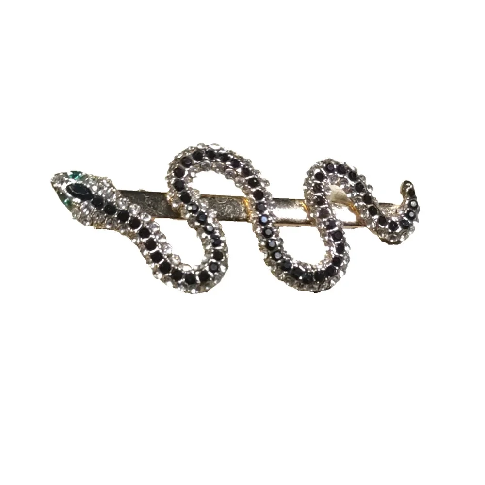 Snake Rhinestone Hair Clip Barrette Black Clear Blue Eyes Gold Tone Goth...
